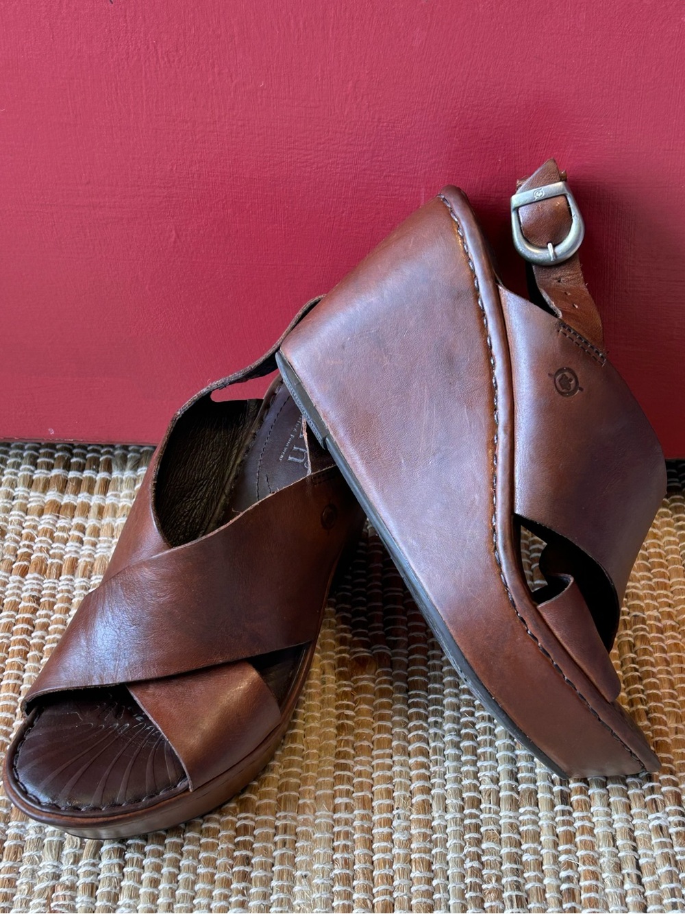 BORN s8  Brown All Leather Crisscross Wedge Sandals-gently loved-super comfy